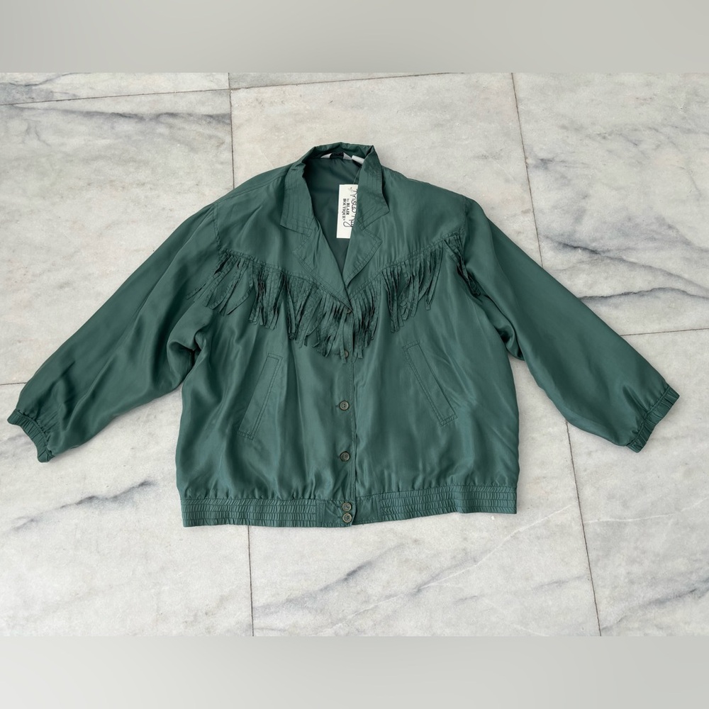 80s Vintage Krista Kay Jacket 100% Silk Green Fringe Women XL Western Boho NWT